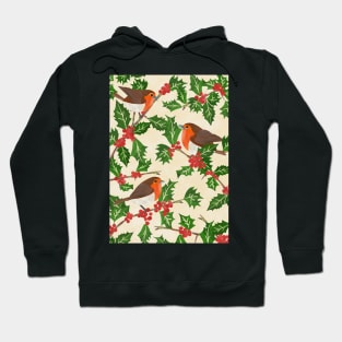 Three little paper cut robins on a holly bush Hoodie